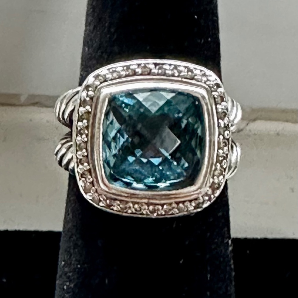 David Yurman Petite Albion Ring with Blue Topaz and Pave Diamonds, Size 5.5